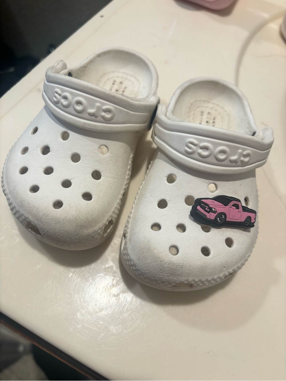 CROCS Kids Classic Clog in White with Pink Truck Jibbitz